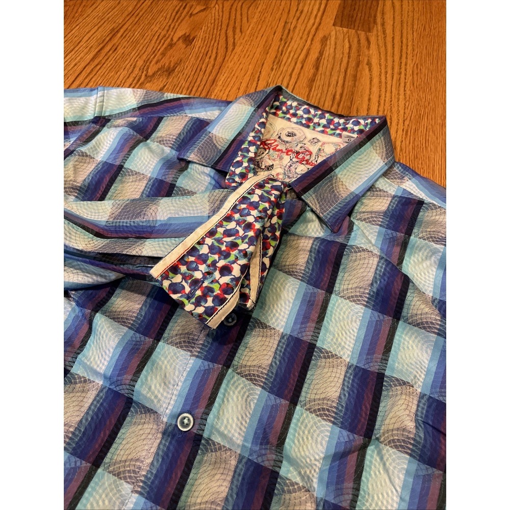 Robert Graham Men's Western Shirt Blue Plaid Polka Dot Flip Cuff Size Large